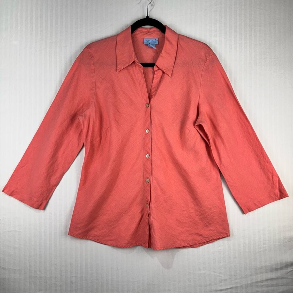 SO Blue Sigrid Olsen Coral Linen Button-Up Top Women's Size Large Coastal Core